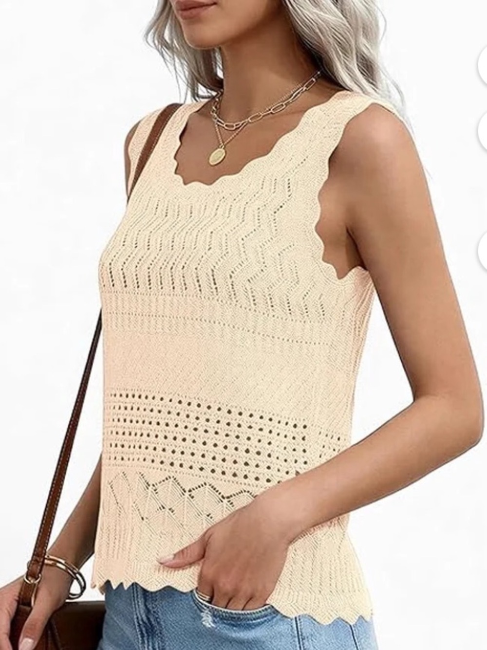 Cream Crochet Knit Sleeveless Tank Top - Picture 6 of 14